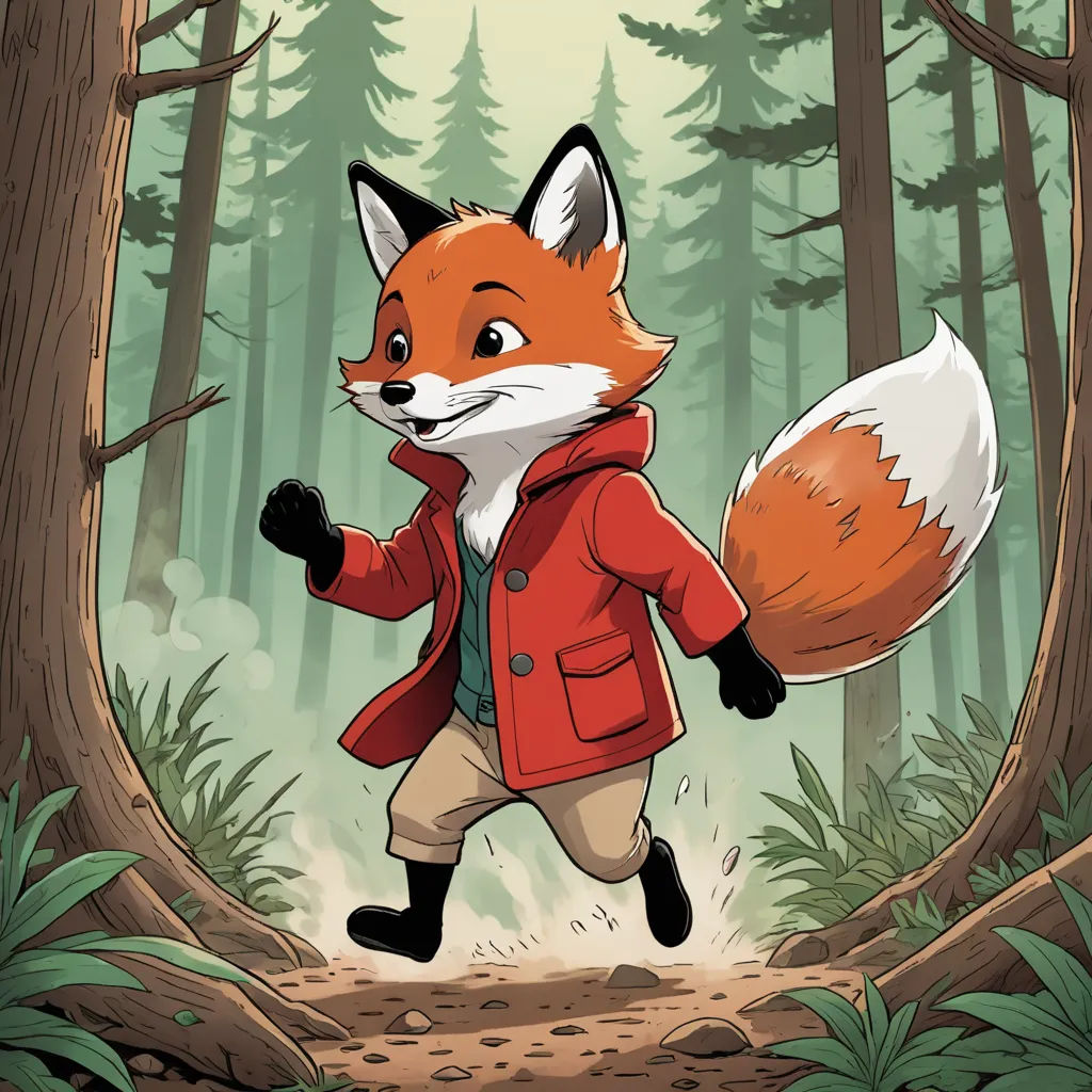 a fox in a red jacket is running through the woods with a fox on his back and a red jacket on, furry art, a storybook illustration, Caspar Wolf, comic cover art