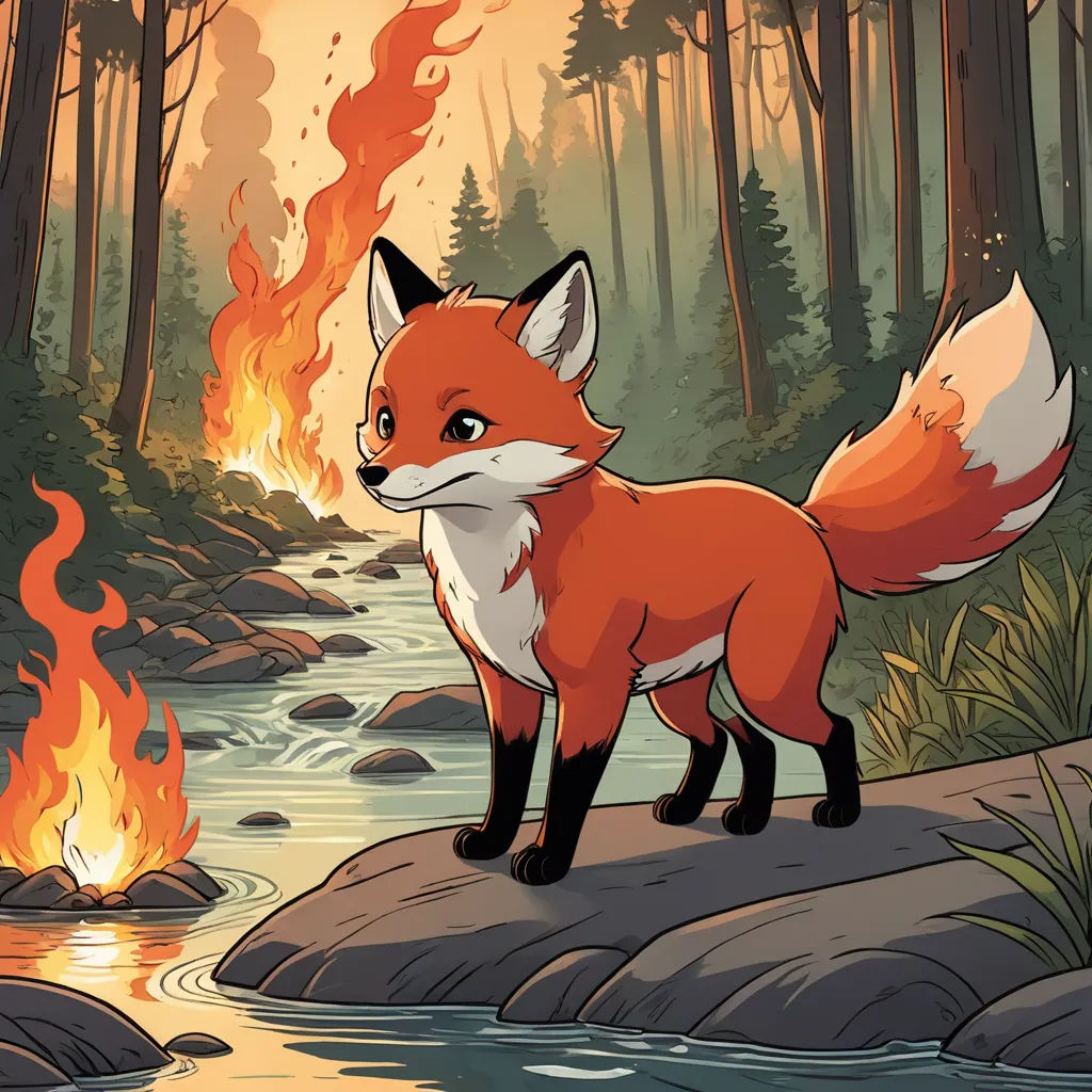 a fox standing on a rock near a river with a fire in the background and a forest fire in the background, environmental art, a storybook illustration, Dan Mumford, official art