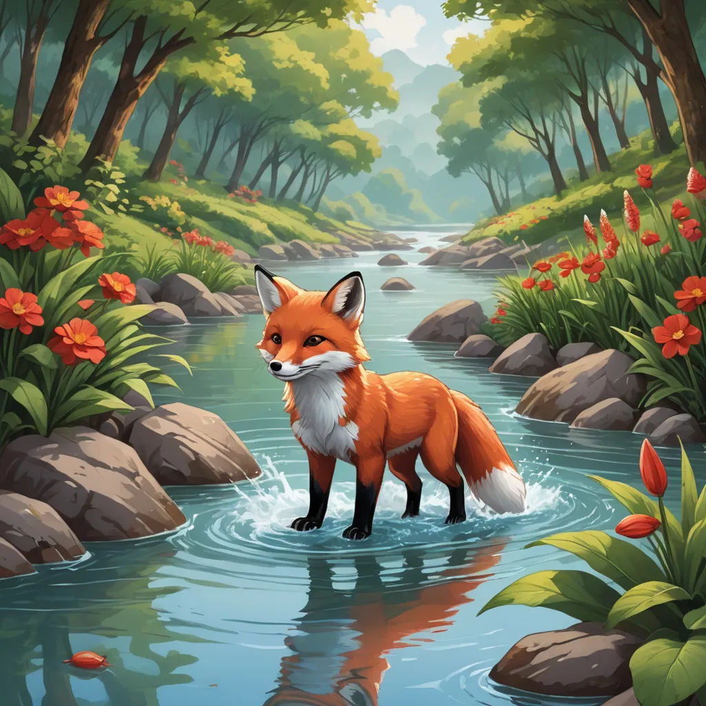 a fox standing in a river surrounded by rocks and flowers with a forest in the background and a stream running through it, furry art, a storybook illustration, Dan Mumford, official art