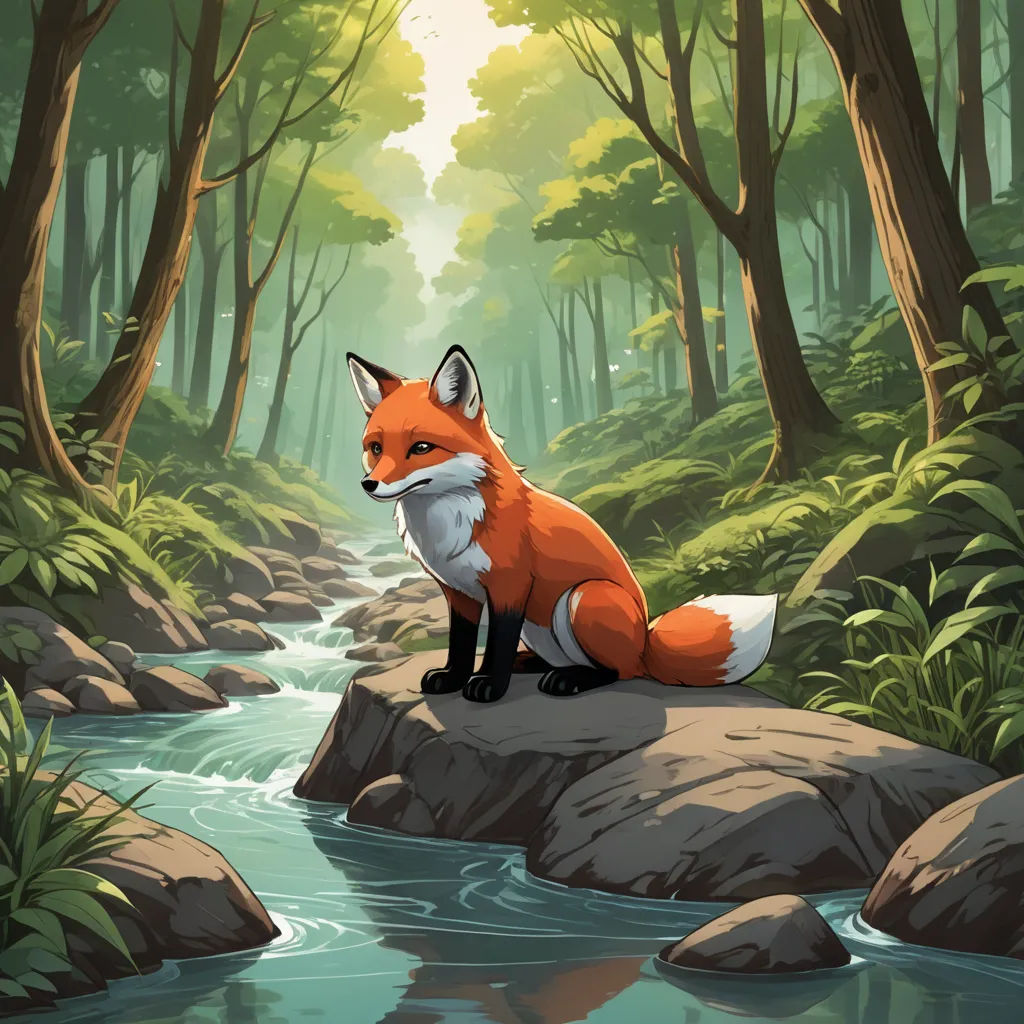 a fox sitting on a rock in a forest by a stream of water and trees with a sun shining through the trees, furry art, a storybook illustration, Dan Mumford, forest