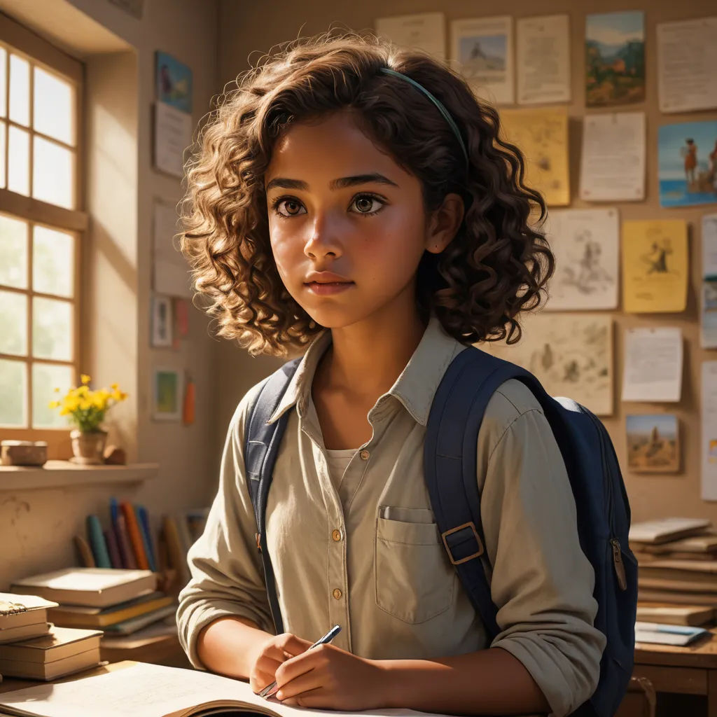 a young girl sitting at a desk with a book and a backpack on her shoulder and a book in her hand, photorealism, a hyperrealistic painting, Chris LaBrooy, promotional image
