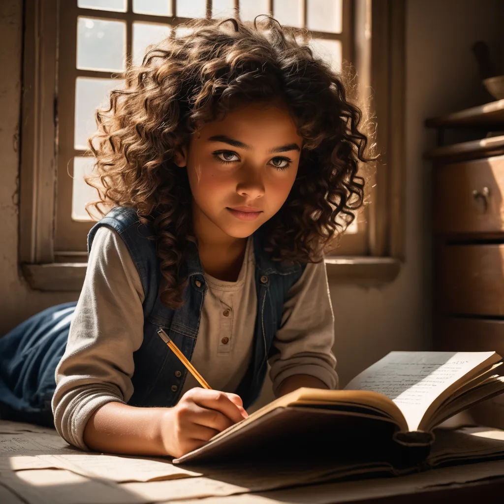 a girl is sitting at a table writing on a book and looking at the camera with a pencil in her hand, art & language, a character portrait, Alexis Simon Belle, portrait photography