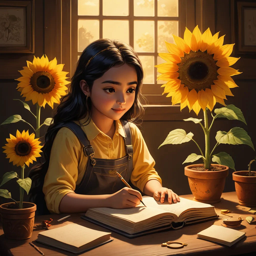 a painting of a girl writing in a book with sunflowers in the background and a window behind her, fantasy art, a storybook illustration, Audrey Kawasaki, rossdraws global illumination