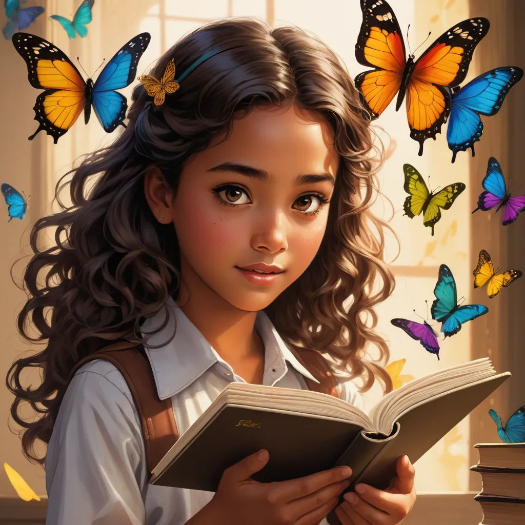 a girl reading a book surrounded by butterflies flying around her head and a window with a sunlit window behind her, fantasy art, a storybook illustration, Charlie Bowater, highly detailed digital painting