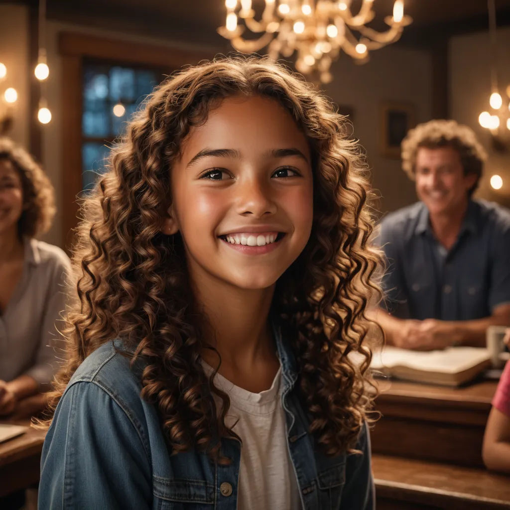 a girl smiling in front of a group of people in a restaurant with a chandelier hanging from the ceiling, american barbizon school, a stock photo, Elinor Proby Adams, promotional image