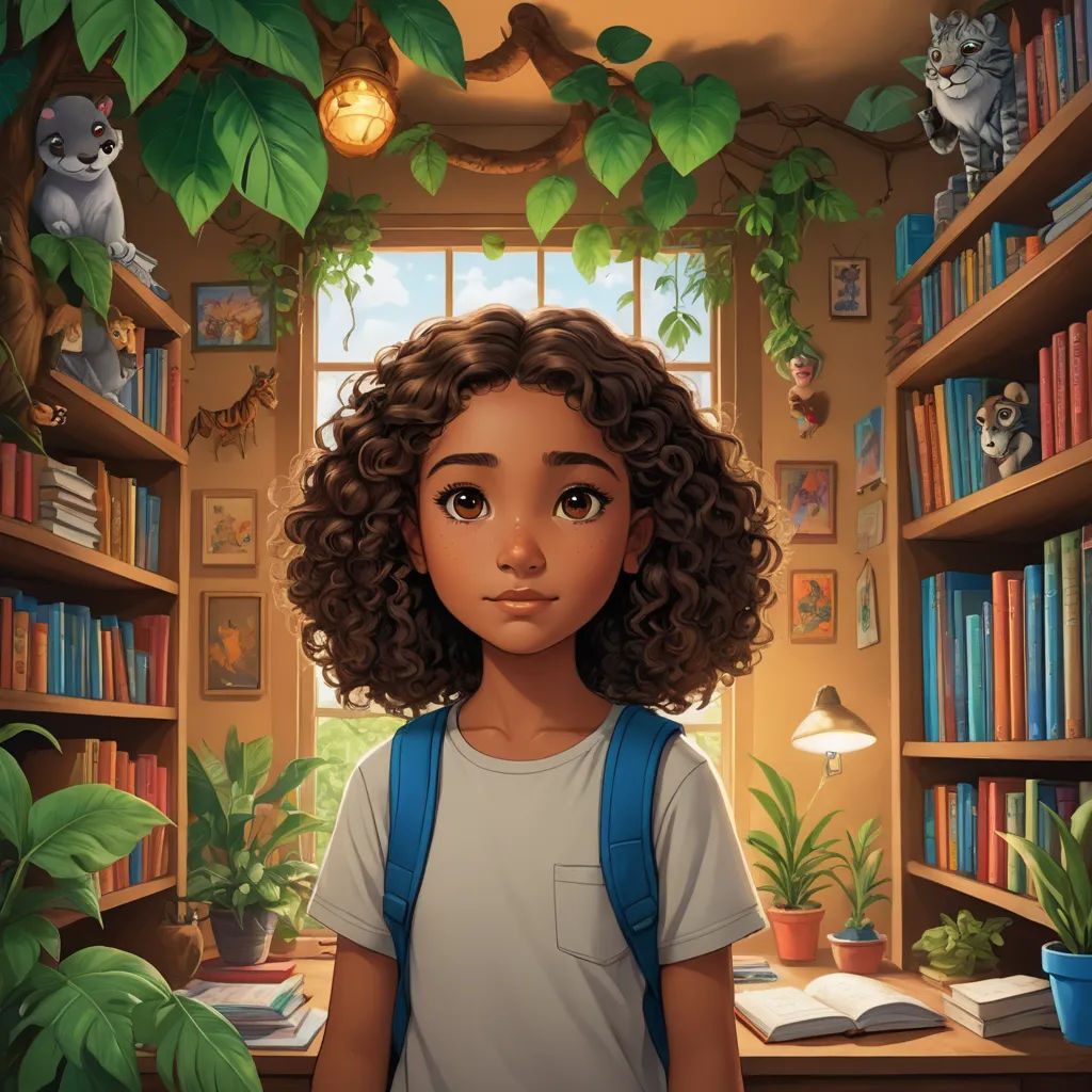 a young girl standing in front of a bookshelf filled with books and plants, with a cat on the window sill, photorealism, a storybook illustration, Chris LaBrooy, trending on art station