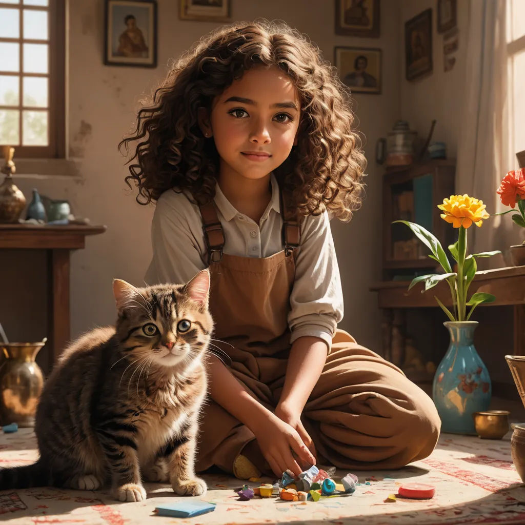 a young girl is playing with a cat in a room with flowers and other items on the floor and a vase with flowers, art & language, poster art, Chris LaBrooy, promotional image