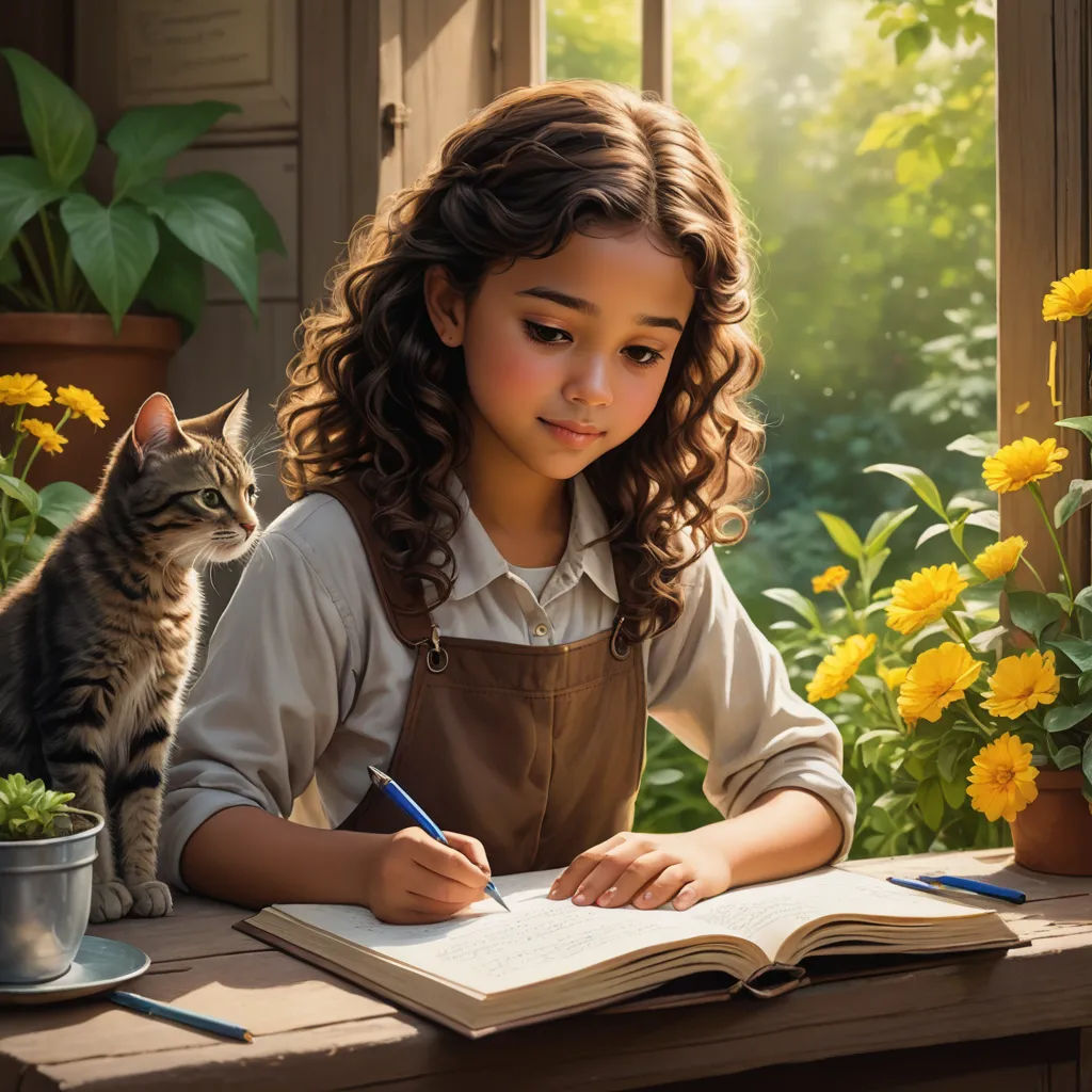 a girl is writing in a book with a cat on her lap and a pot of flowers behind her, art photography, a storybook illustration, artist, cinematic photography