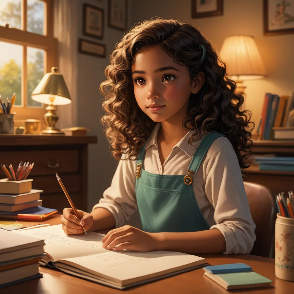 a girl sitting at a desk with a book and pencil in her hand and a book on the desk, photorealism, a photorealistic painting, Alexis Simon Belle, cgstudio