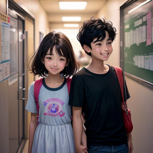 two children standing in a hallway with a poster on the wall behind them and a backpack on the back of the backpack
