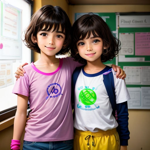 two young girls standing next to each other in front of a whiteboard with writing on it and a green and white sign