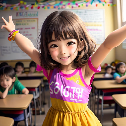 a young girl in a yellow dress is raising her arms in a classroom full of children in the background
