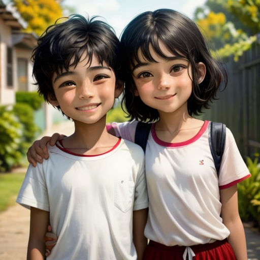 two young children standing next to each other on a sidewalk in front of a house and trees and bushes