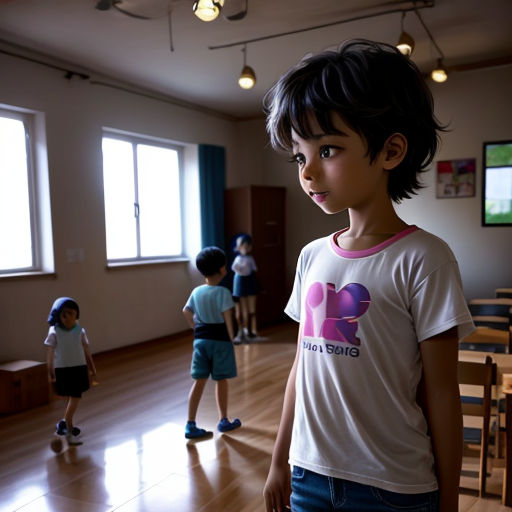 a group of children standing in a room with a wooden floor and a window in the background with a television on