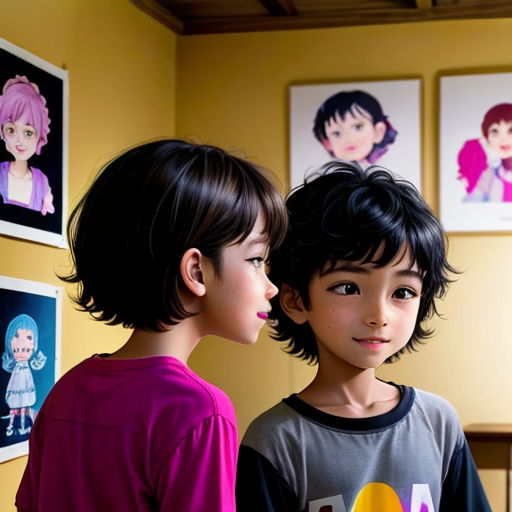 two children standing next to each other in front of pictures on the wall of a room with a computer