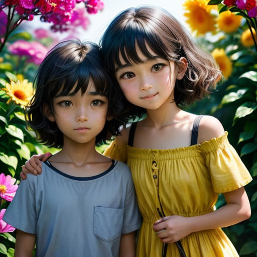 two young girls standing next to each other in a field of flowers with a blue sky in the background
