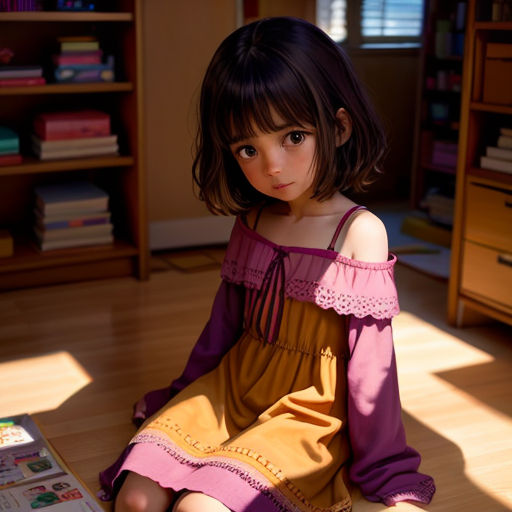 a little girl sitting on the floor in a room with a bookcase and a bookcase behind her