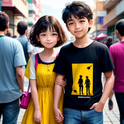 a couple of kids standing next to each other on a street corner with people walking by them and a yellow sign on the back of the shirt