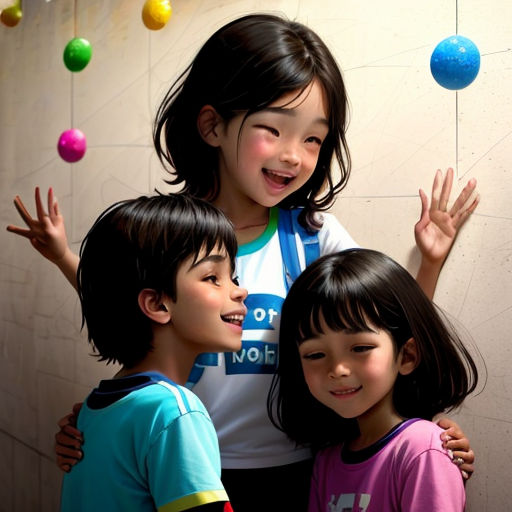 three children are standing together in front of a wall with balls on it and one child is holding his arms up