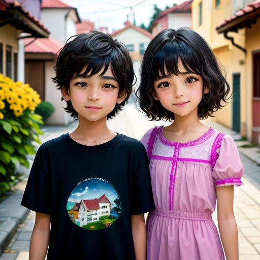 two children standing next to each other in front of a house with yellow flowers in the background and a yellow flower bush in the foreground