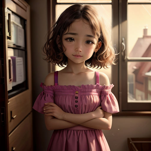 a little girl standing in front of a window with her arms crossed and looking at the camera with a house in the background