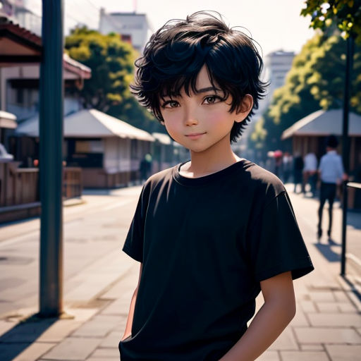 a boy standing on a sidewalk with his hands in his pockets and a black shirt on his shirt is black