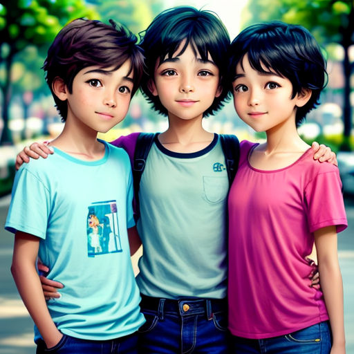 three children are standing together in a park, one is wearing a backpack and the other is wearing a t - shirt