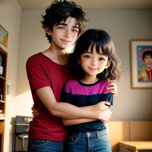 a boy and girl hugging each other in a room with a desk and a chair in the background and a picture on the wall