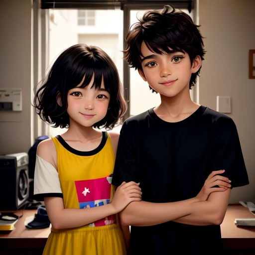 a couple of kids standing next to each other in a room with a window and a desk with a computer