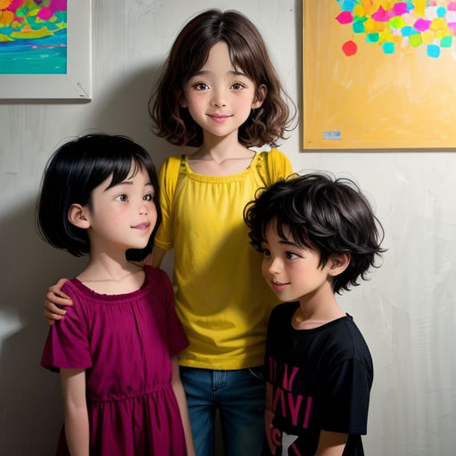 three children standing next to each other in front of a wall with paintings on it and a painting on the wall behind them