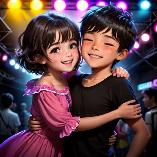 a couple of kids hugging each other in front of a crowd of people at a concert or show with bright lights