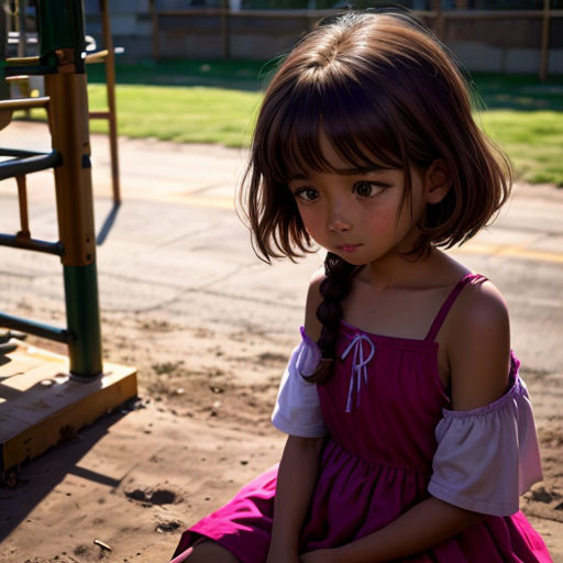 a little girl sitting on a playground bench in a pink dress and a playground swing in the background with grass and dirt