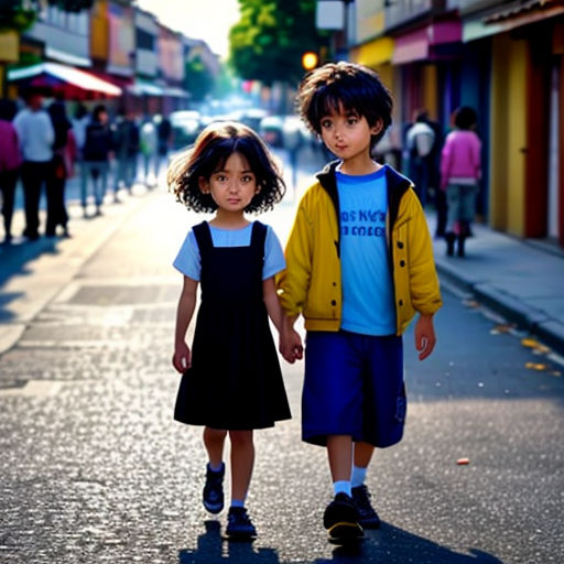 two children walking down a street holding hands and looking at the camera with a crowd of people in the background