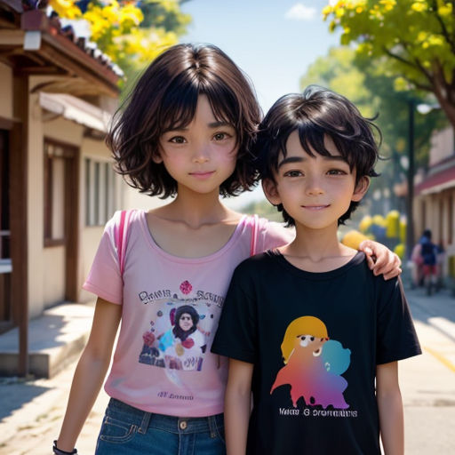 two young children standing next to each other on a street corner with a tree in the background and a building in the background
