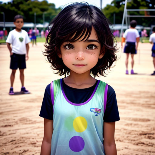 a little girl standing in a baseball field with other people in the background and a ball field in the foreground