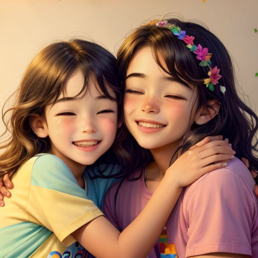 two young girls hugging each other with their arms around each other and smiling at the camera with a white background