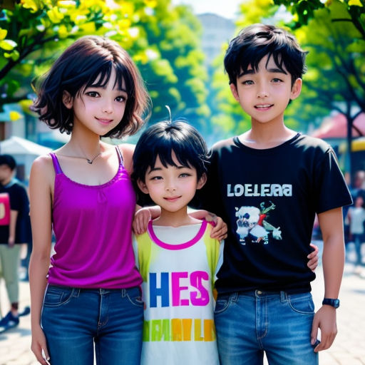 three children are posing for a picture together in a park with trees in the background and people walking around