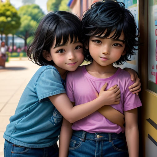 two children hugging each other in front of a poster on a wall in a city street with a sidewalk