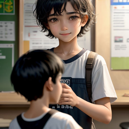 a boy and a girl standing in front of a bulletin board with posters on it and a backpack on