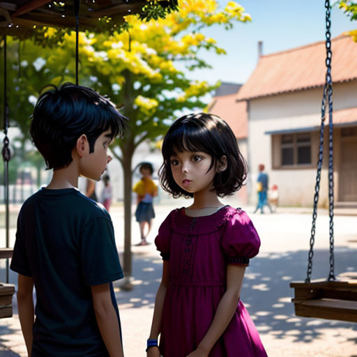 a boy and a girl standing in a park with swings and a swing set in the background, with a building in the background