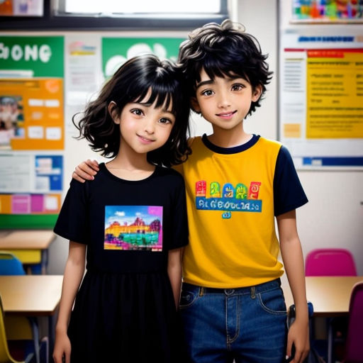 two children standing next to each other in a classroom with desks and posters on the wall behind them