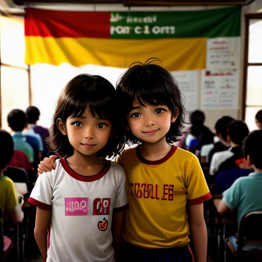 two young children standing next to each other in front of a crowd of people in a classroom with a banner