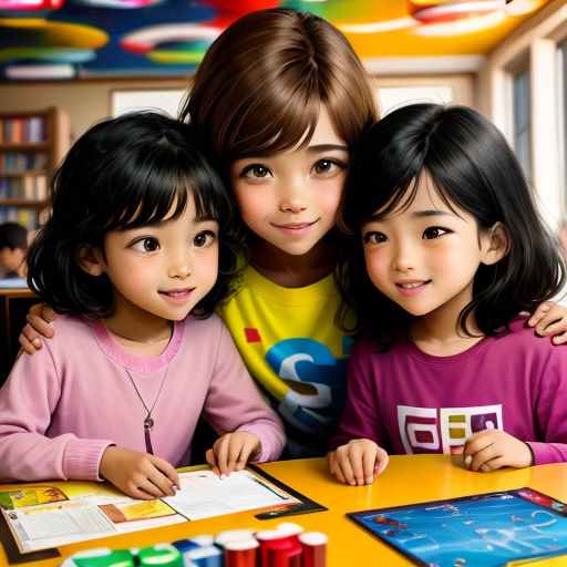 three children are sitting at a table with a book and a tablet computer in front of them, and a colorful background