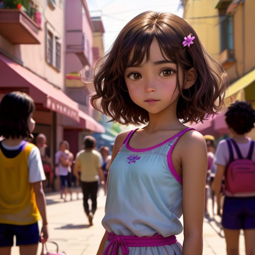 a young girl standing in a crowded street with a pink backpack on her shoulder and a pink backpack on her shoulder