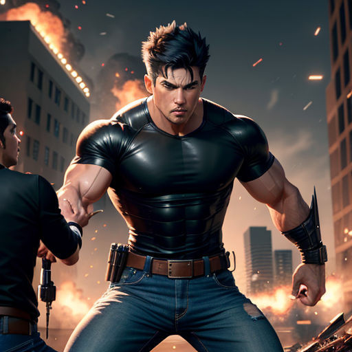 a man in a black shirt and a man in a black shirt in a city with buildings and fire