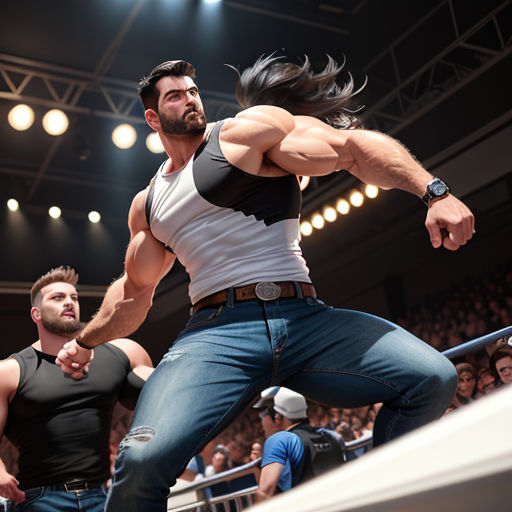 a man is running in a wrestling ring with another man in the background and a crowd of people watching