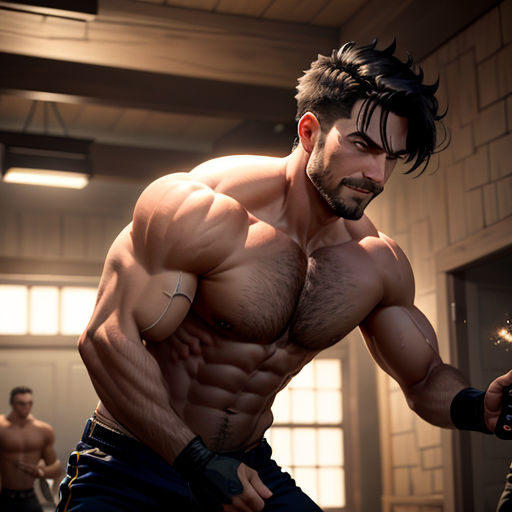 a man with a muscular body holding a bottle of wine in a gym area with other men in the background