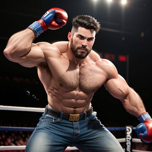 a man with a beard and no shirt on is posing for a picture in a boxing ring with his boxing gloves on