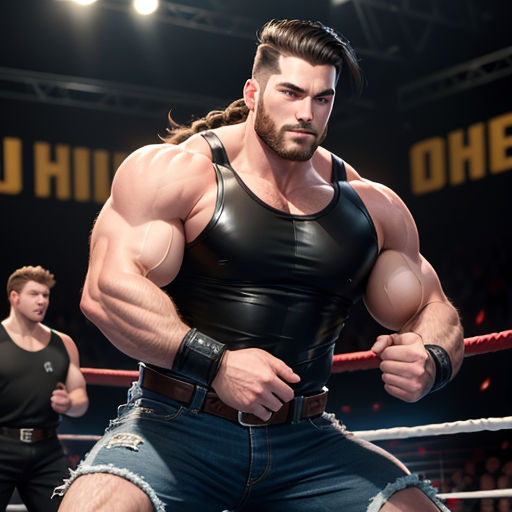a man in a wrestling ring with a beard and a beard on his head, and a man in a black shirt and jeans shorts