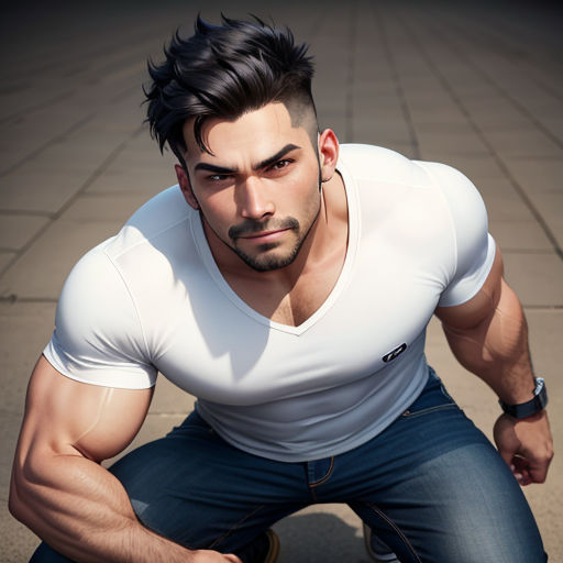 a man in a white shirt and jeans crouching down on a sidewalk with his hands on his hips